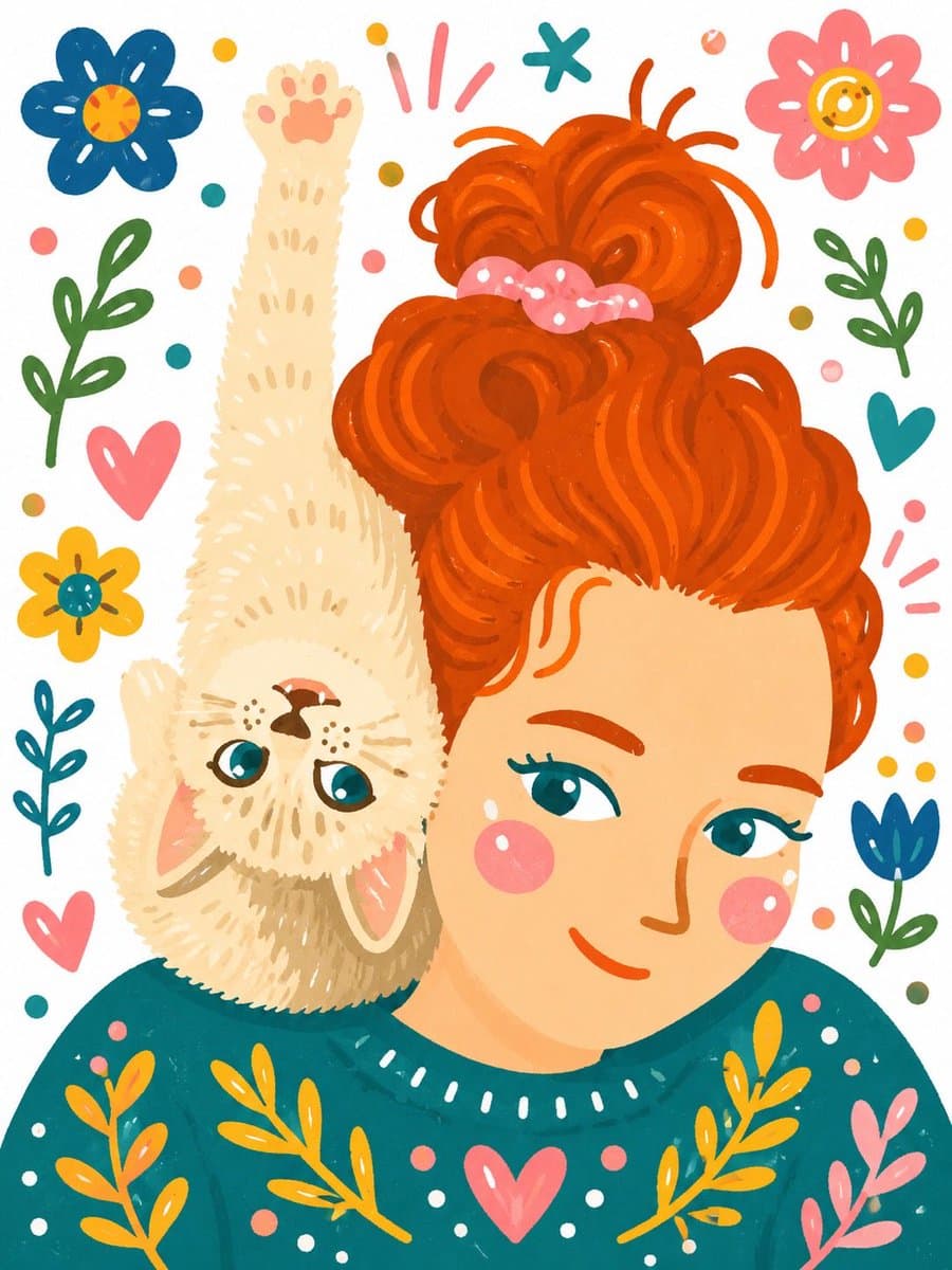 ウィムジカル手描き 少女と子猫イラスト