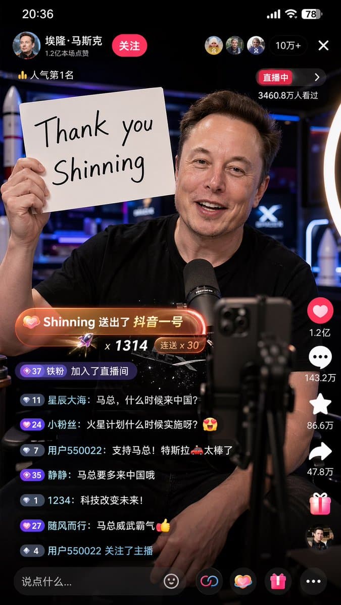 Captura de tela de livestream do Elon Musk no Douyin