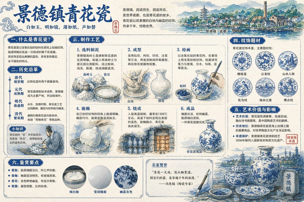 Jingdezhen Blau-Weiß Porzellan Panorama-Erklärgrafik