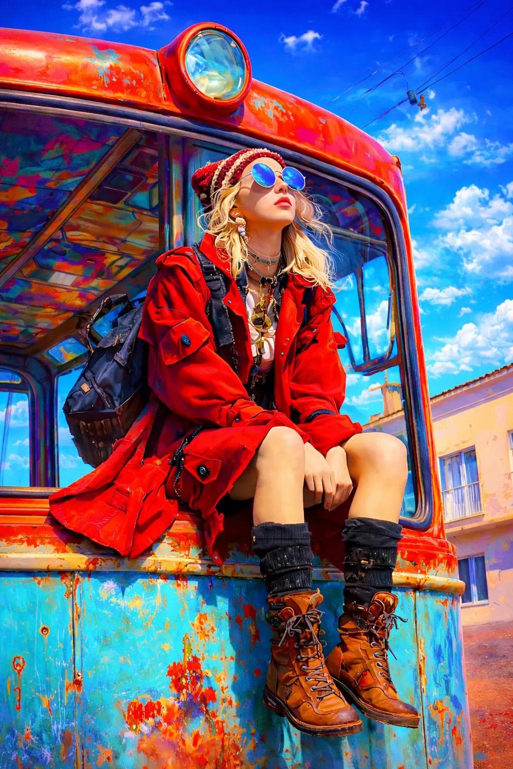 Wanita mantel merah di bus vintage