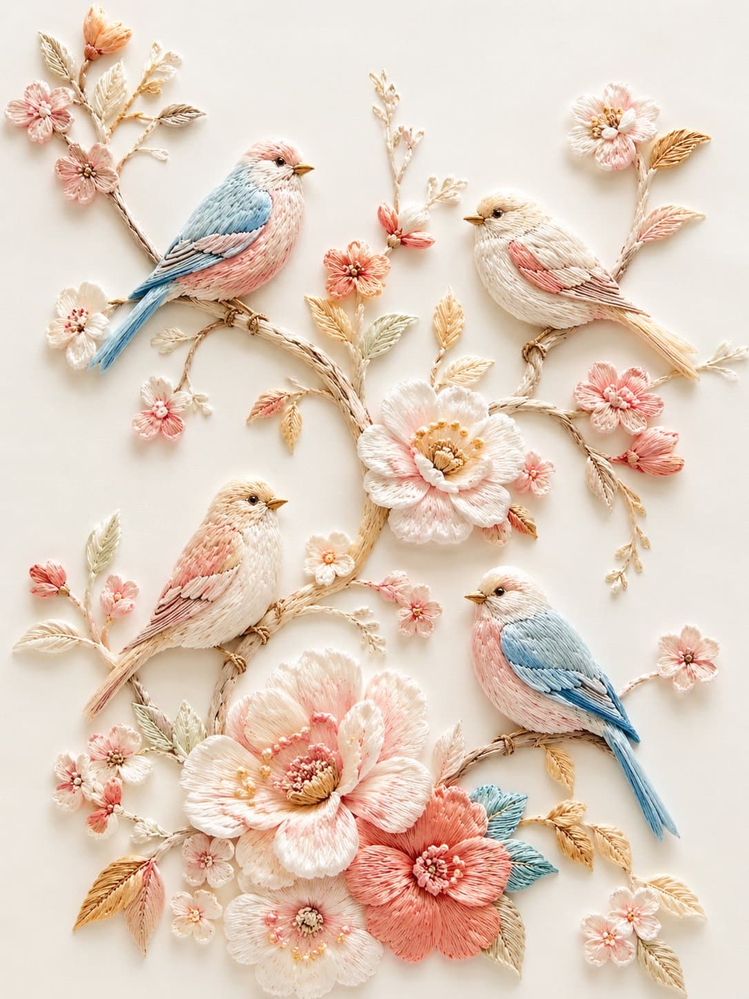 立体刺繍 小鳥と花枝