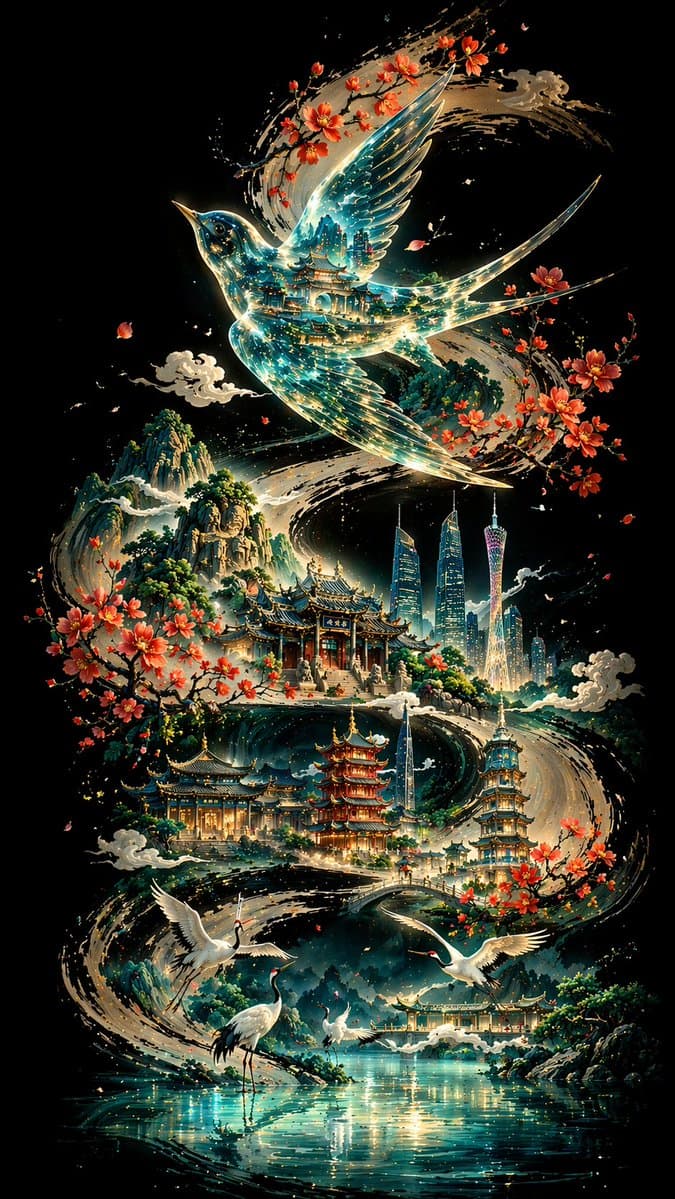 Tusche-Kurve Guangzhou-Ästhetik-Plakat