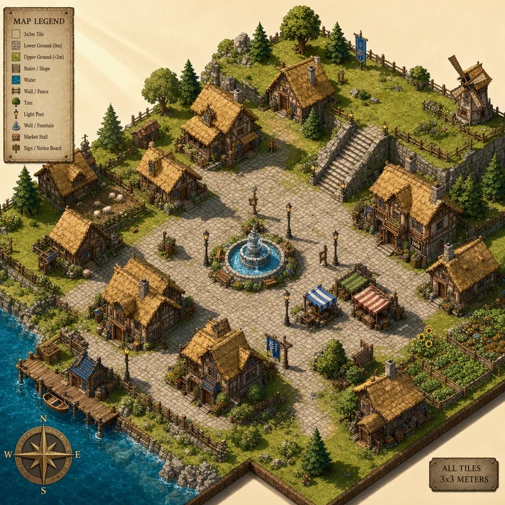 Mapa isométrico de aldea de fantasía