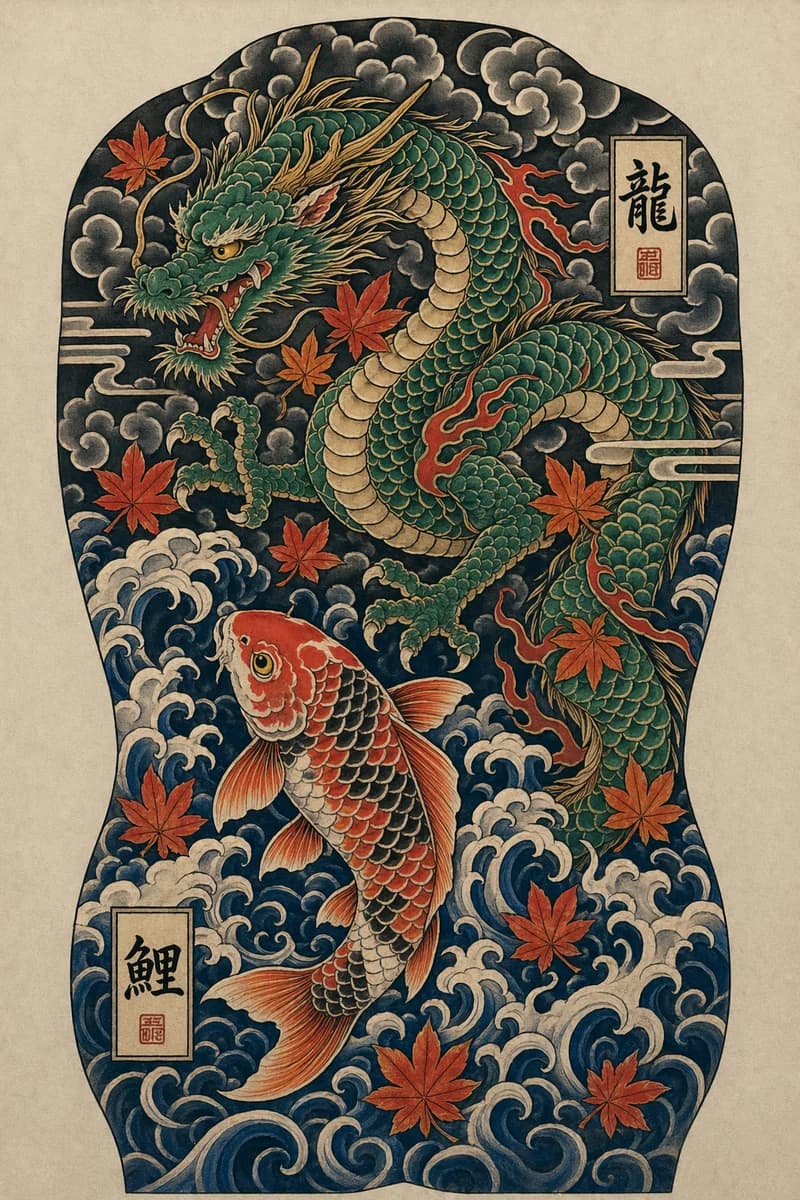 Japanisch-traditionelles Drachen- und Koi-Rückentattoo