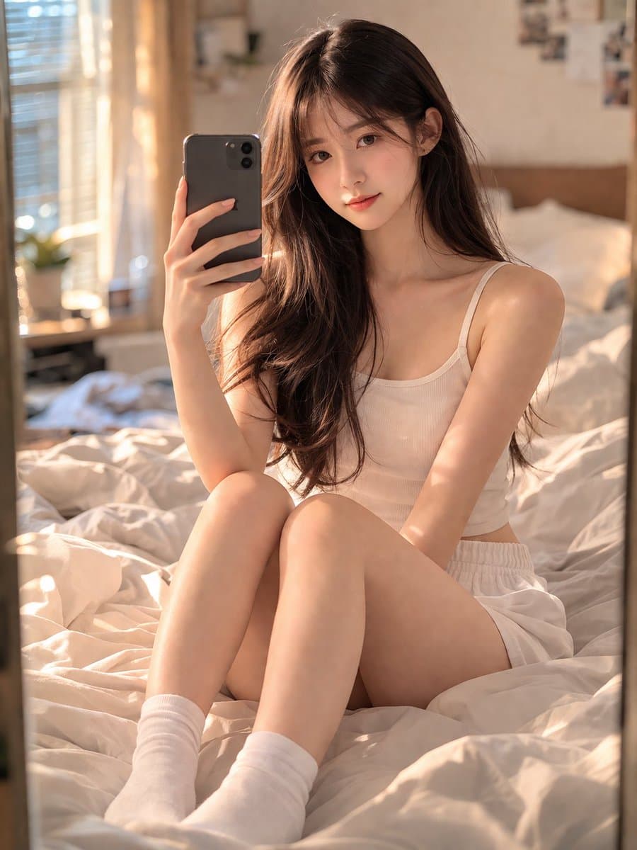 鏡越し自撮り 寝室ポートレート