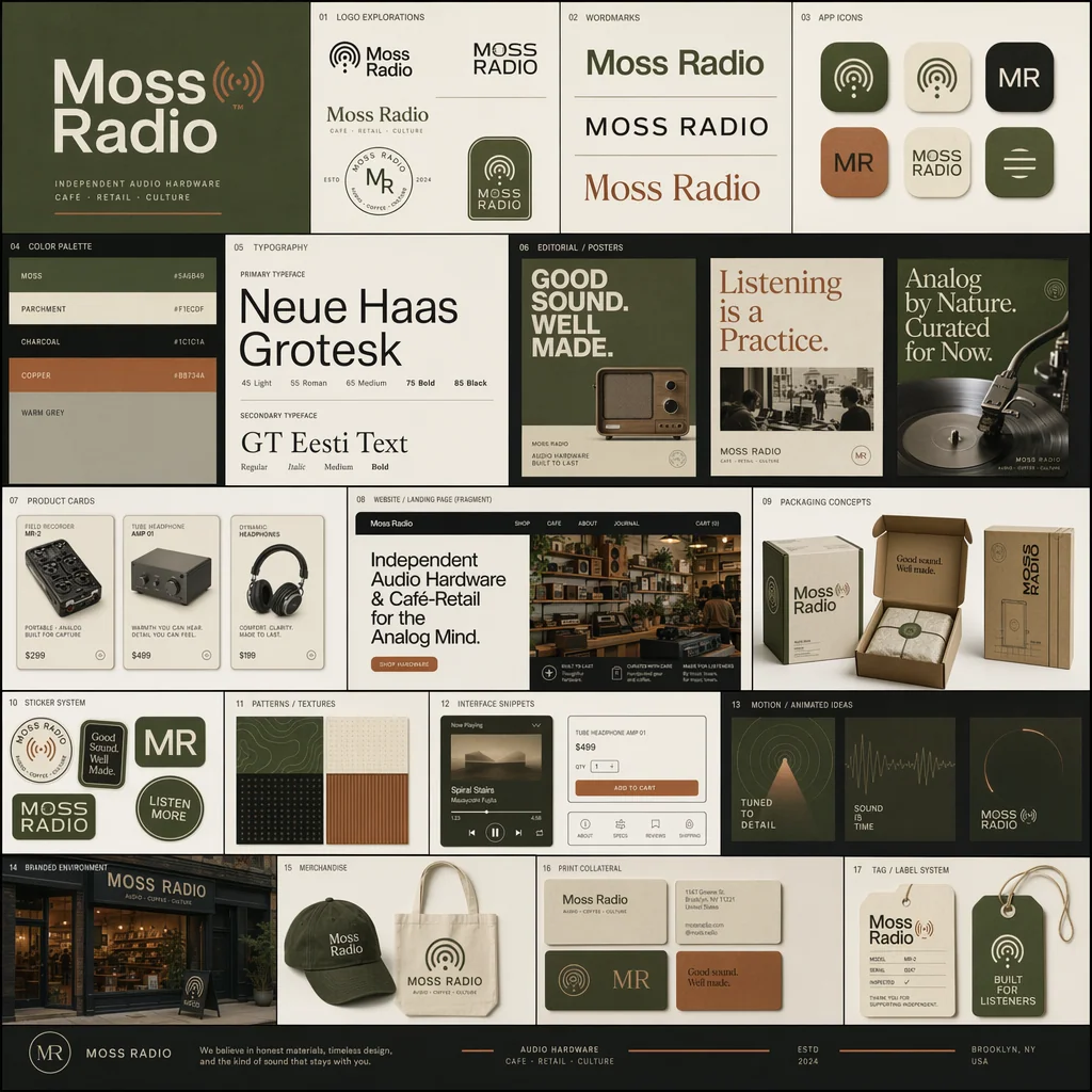 Moss Radio Markenidentität-Showcase-Tafel