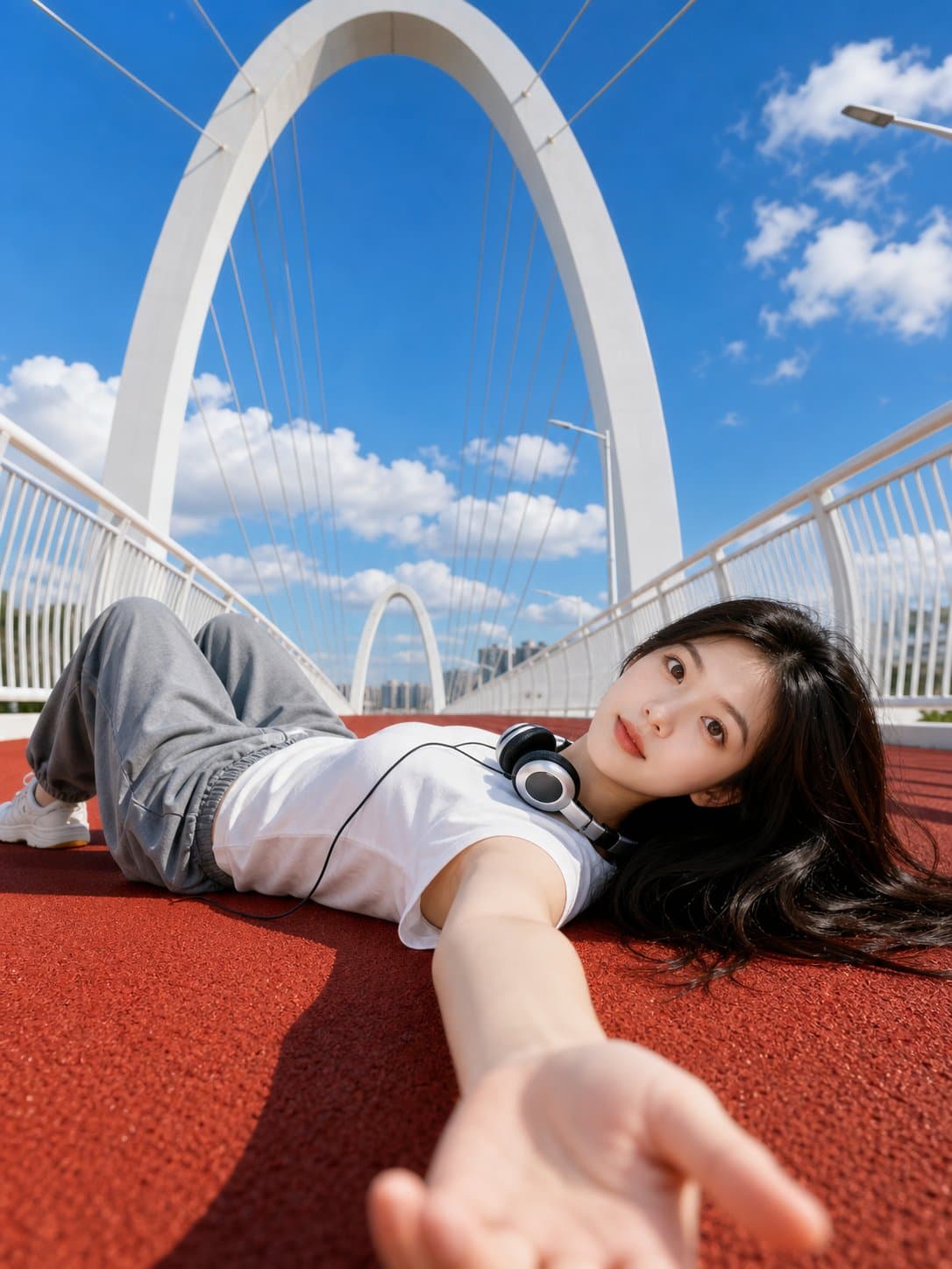 赤い陸上トラック ローアングル夏ポートレート