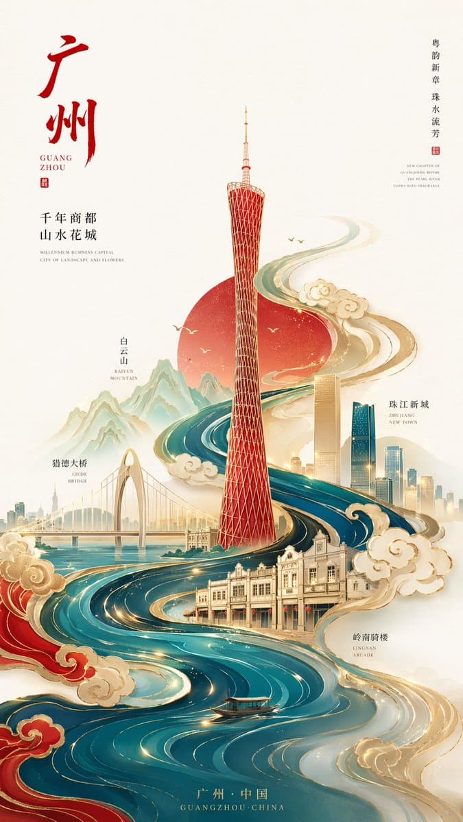 Póster guochao minimalista de la Torre de Cantón en oro