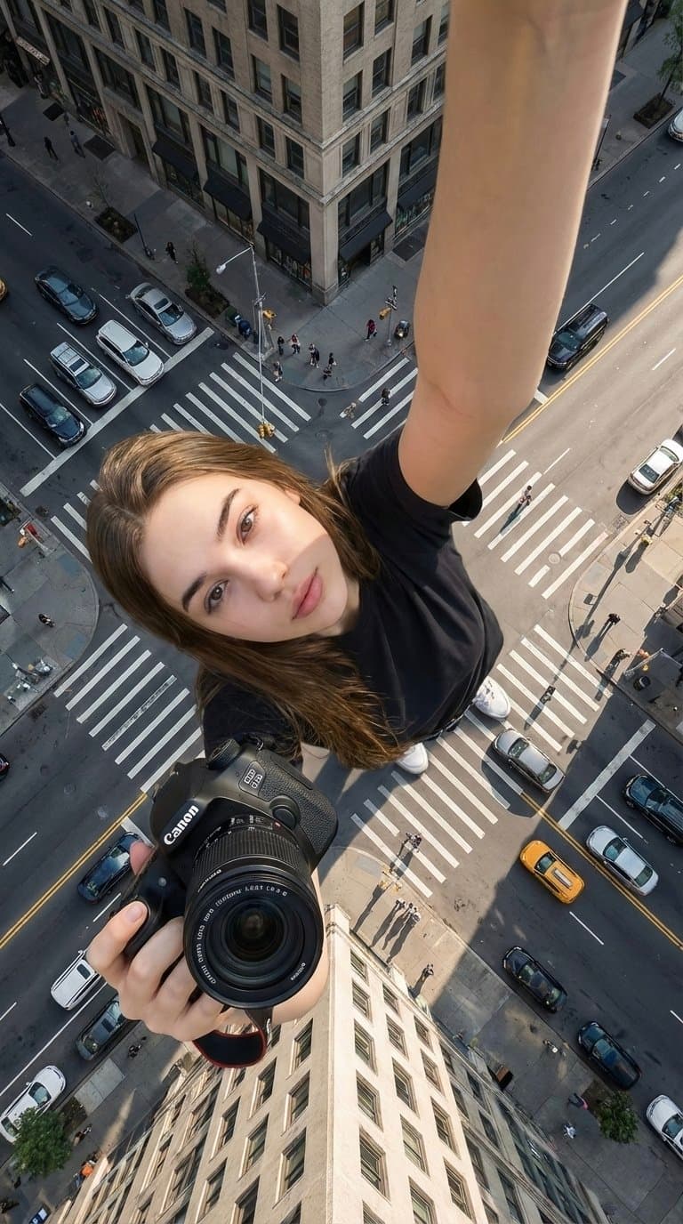 Riesin Stadt-Selfie aus der Vogelperspektive