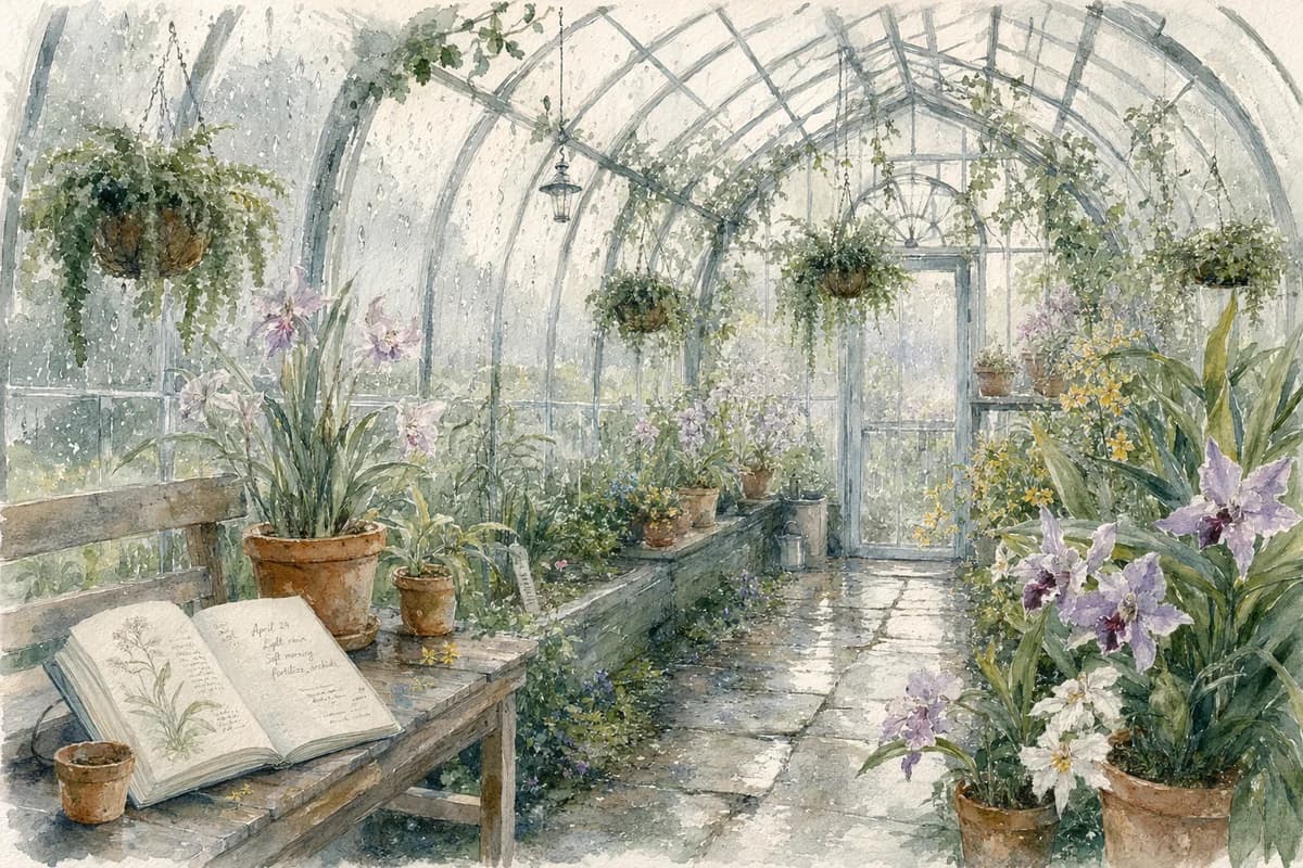 Acuarela de invernadero botánico lluvioso