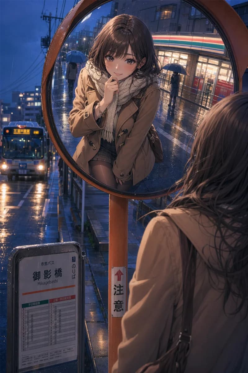 雨のバス停 鏡映しのアニメポートレート