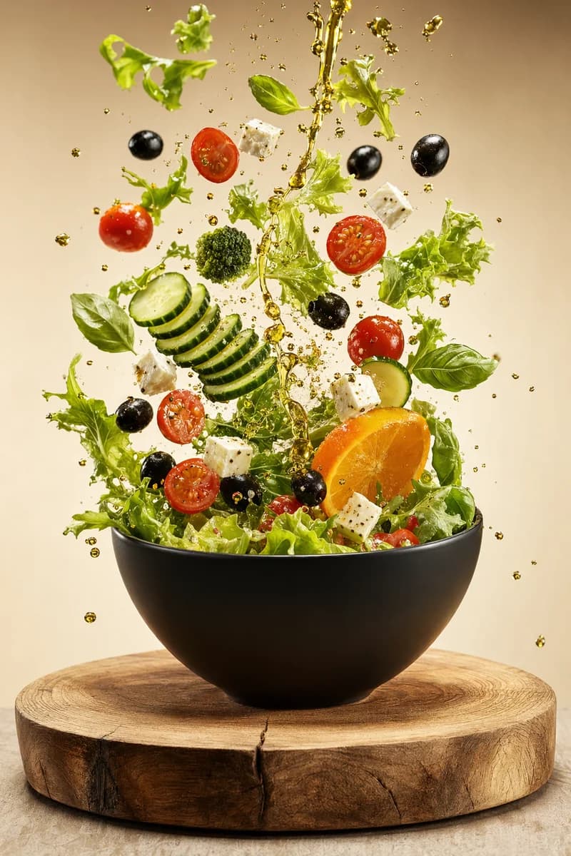 Salat-Explosion Foodfotografie (JSON-Stil)