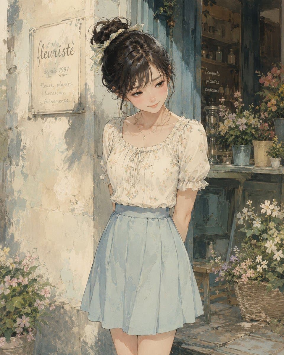 水彩 花屋ポートレート