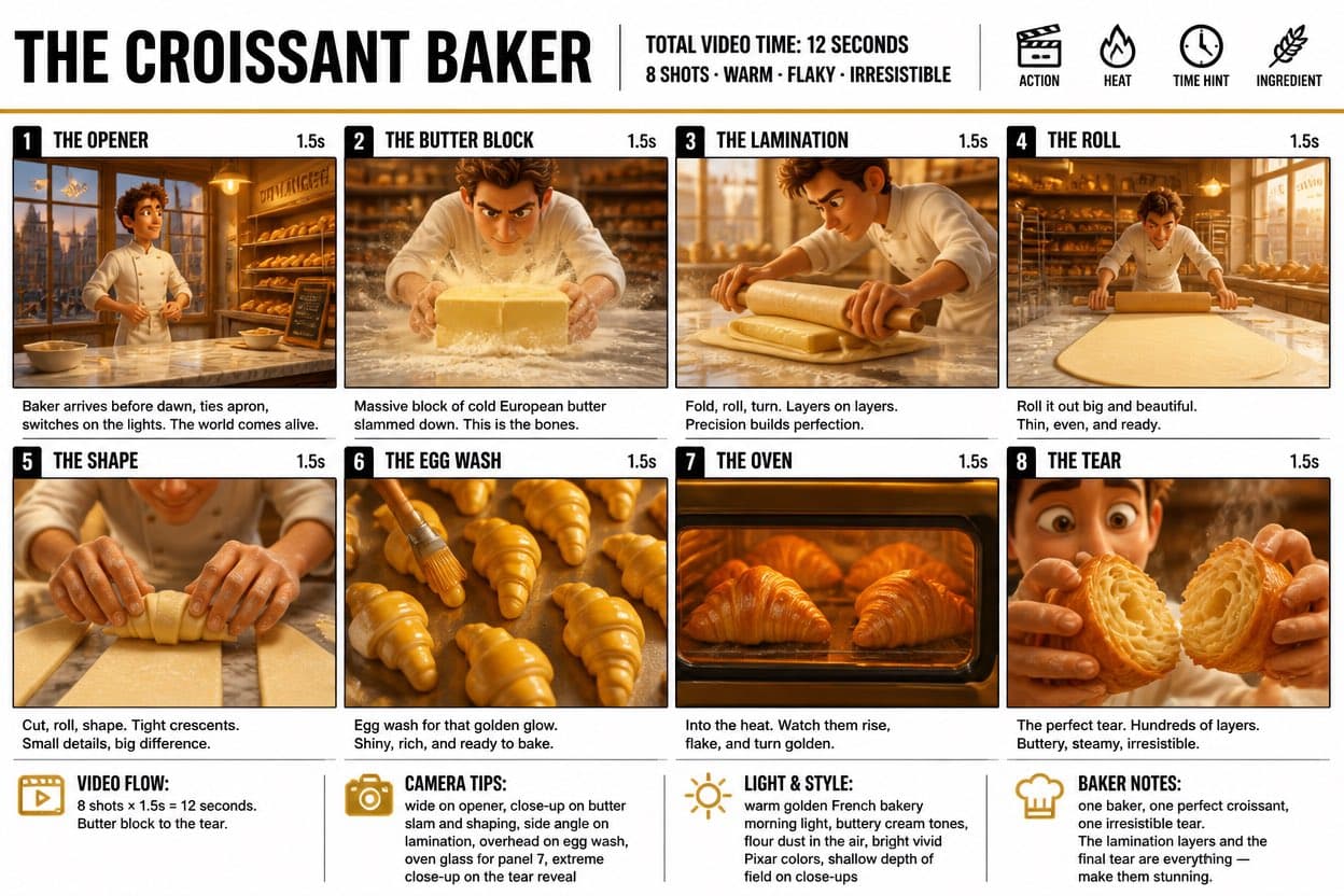 Storyboard do processo de panificação de croissants
