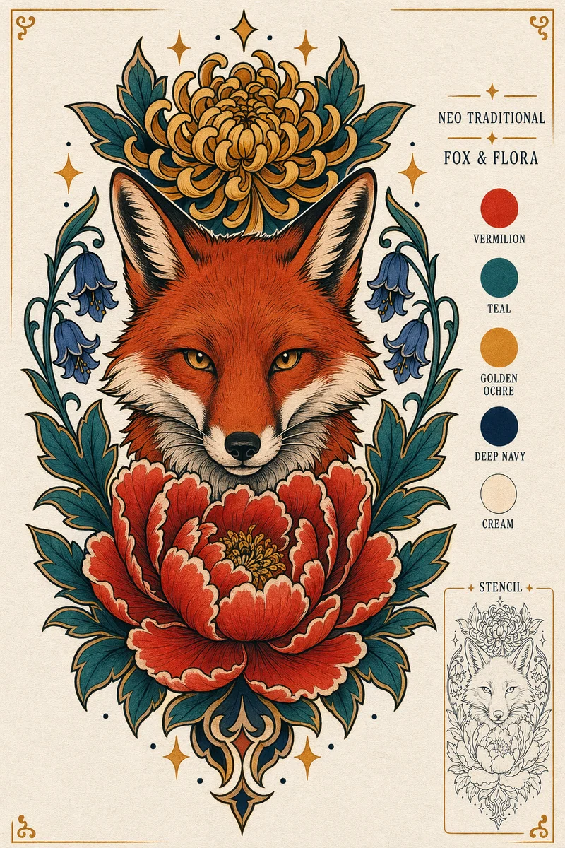 Farb-Neotraditional: Fuchs und Flora
