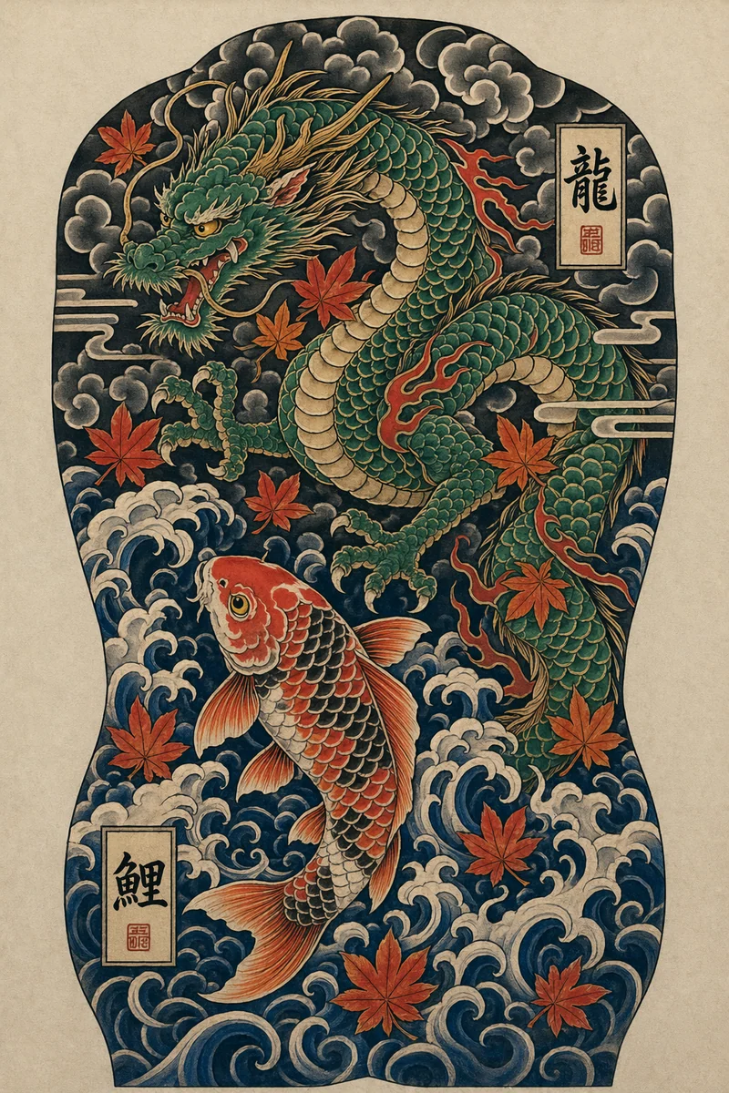 Japanisch-traditionelles Drachen- und Koi-Rückentattoo
